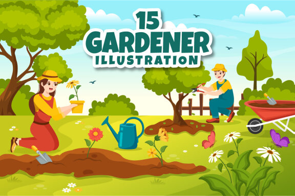 15 Summer Gardener Vector Illustration