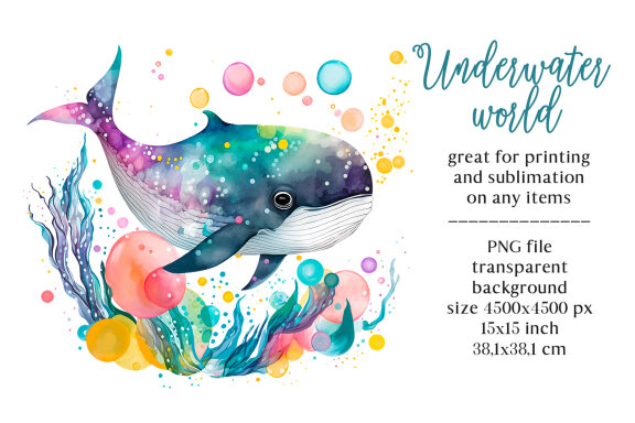 Cute Whale watercolor clipart. Sea animal character design