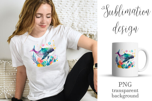 Cute Whale watercolor clipart. Sea animal character design