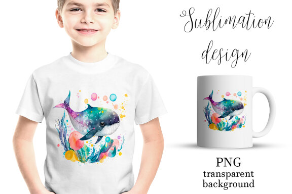Cute Whale watercolor clipart. Sea animal character design