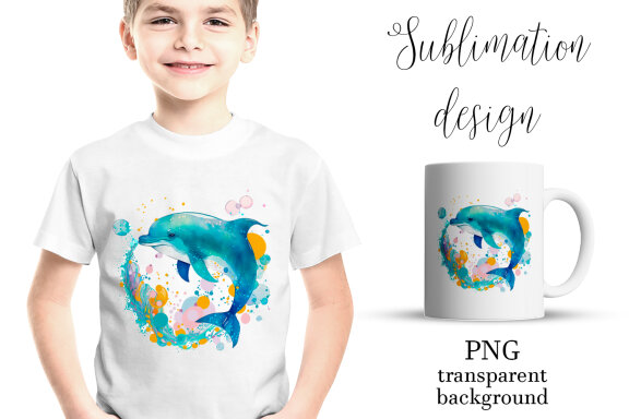 Cute dolphin. Sea life sublimation. Design for printing