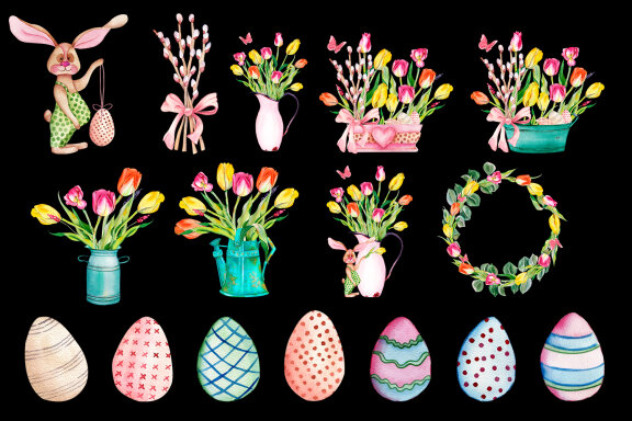 Cute Easter Watercolor Clipart, bunny, eggs, tulips