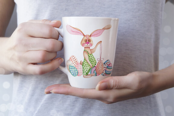 Cute Easter Watercolor Clipart, bunny, eggs, tulips