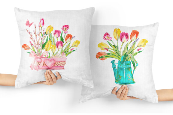 Cute Easter Watercolor Clipart, bunny, eggs, tulips
