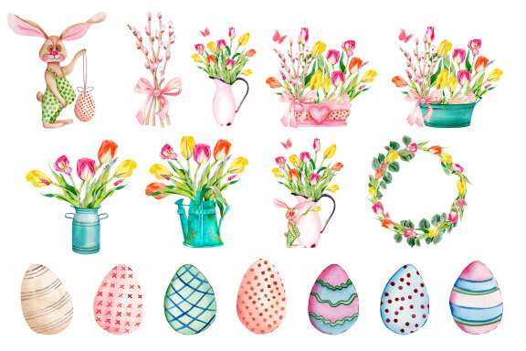 Cute Easter Watercolor Clipart, bunny, eggs, tulips