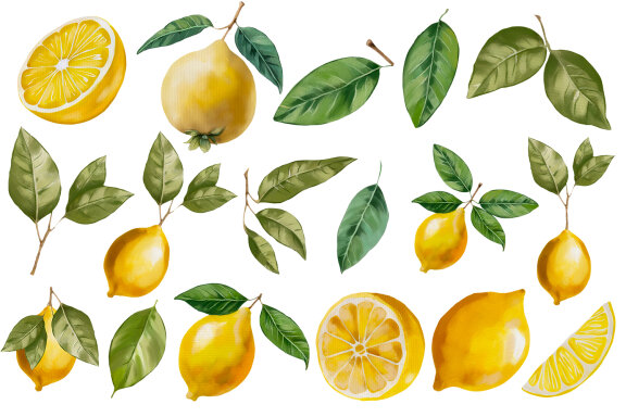 Watercolor Lemon Clipart, Yellow citrus fruit
