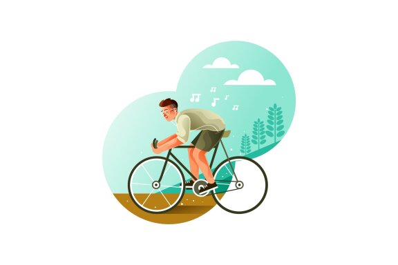 Youth riding a bicycle while listening to music