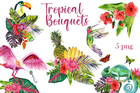 Watercolor Tropical Flower Bouquets Clipart