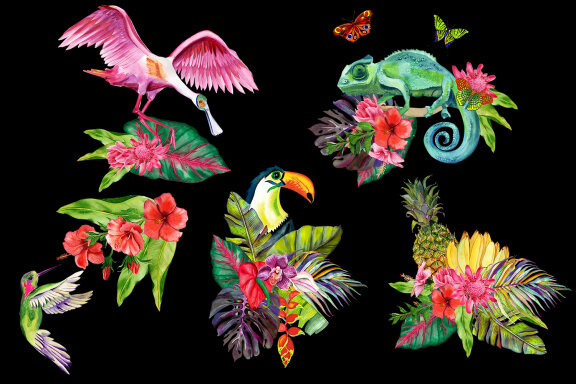 Watercolor Tropical Flower Bouquets Clipart