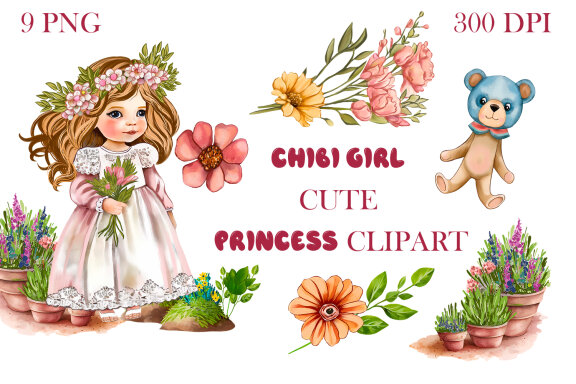 Chibi girl cute princess and flowers Clipart