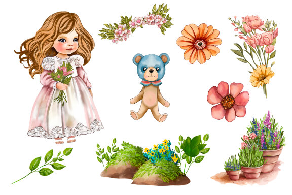 Chibi girl cute princess and flowers Clipart