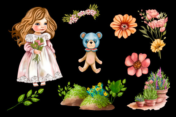 Chibi girl cute princess and flowers Clipart