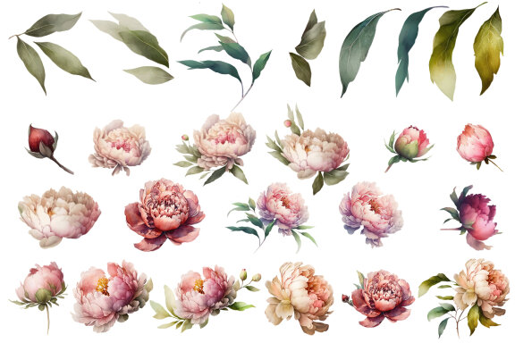 Watercolor Peony flower Clipart Bundle