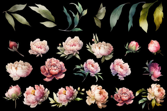 Watercolor Peony flower Clipart Bundle