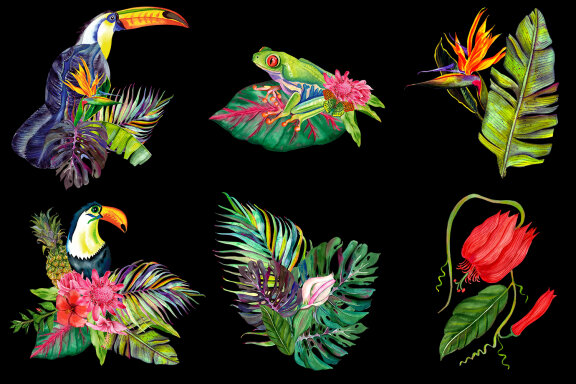 Watercolor Tropical Bouquets, flowers clipart