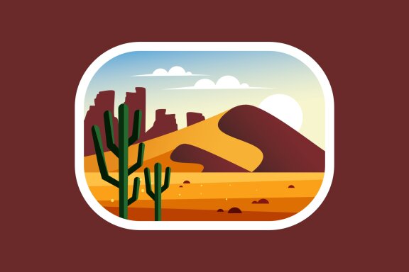 Desert landscape with cactus, hills and mountains
