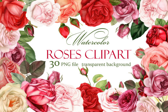 Roses clipart, Watercolor floral clipart 