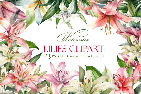 lilies clipart, Watercolor floral clipart 