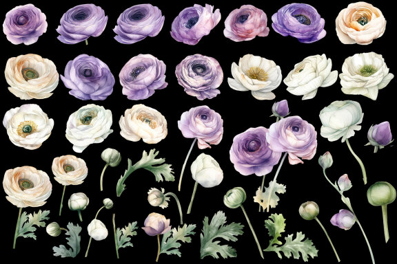 Ranunculus clipart, Watercolor floral clipart