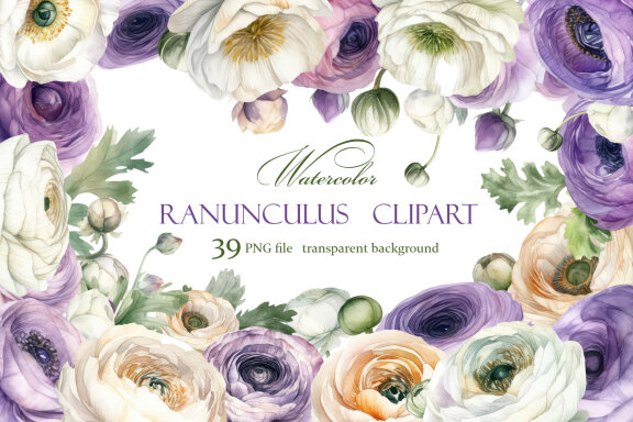 Ranunculus clipart, Watercolor floral clipart