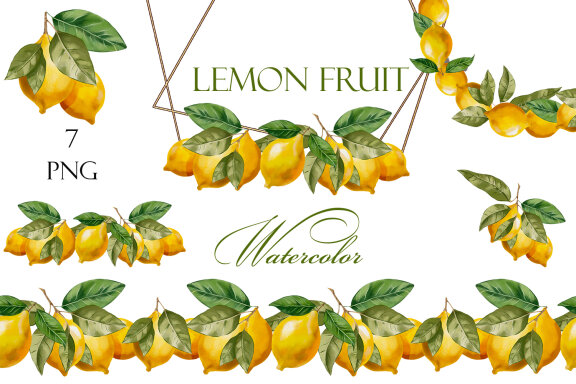 Watercolor lemon clipart, Lemon wreath and branches PNG