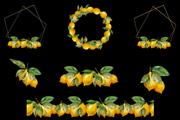 Watercolor lemon clipart, Lemon wreath and branches PNG