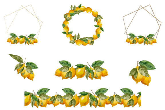 Watercolor lemon clipart, Lemon wreath and branches PNG