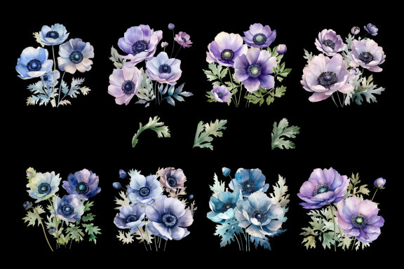 Lilac and blue anemone flowers clipart