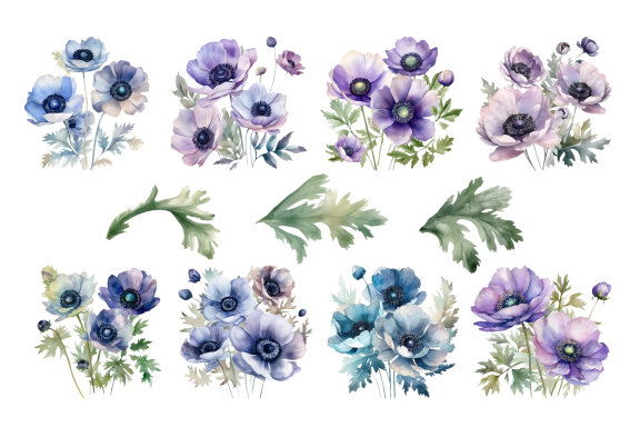 Lilac and blue anemone flowers clipart