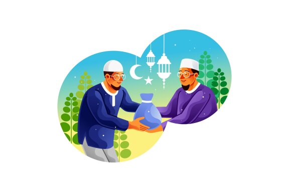 Muslim man giving alms of zakat in Ramadan