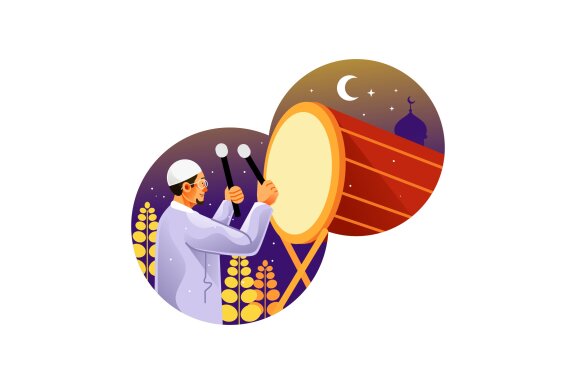 Muslim Man Hitting Drum Celebrating Eid Mubarak