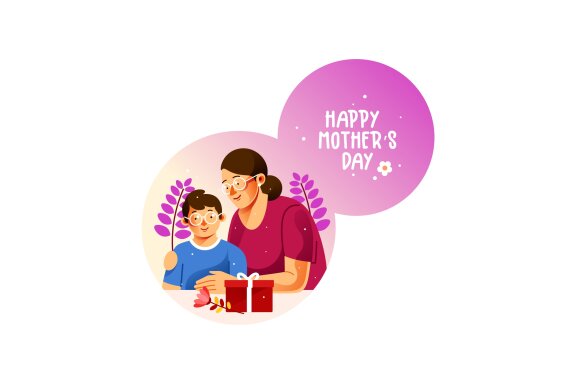 Mother and Her Boy on Mother's Day FREE Illustration