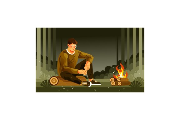 Young Man Sitting at a Campfire