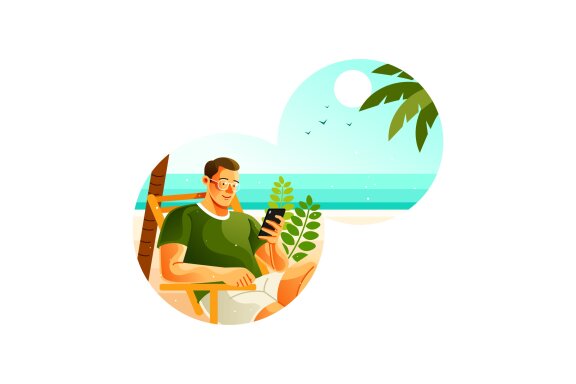 Man Using Smartphone on Beach in Summer