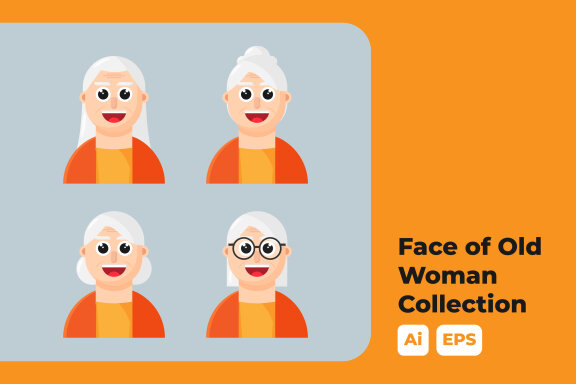 Face of Old Woman Flat Illustration Collection