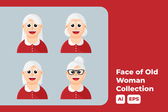 Face of Old Woman Flat Illustration Collection
