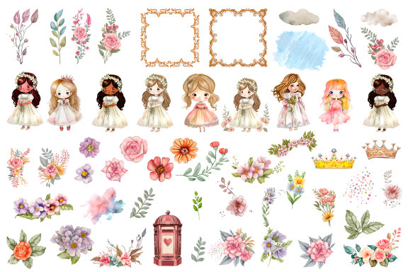 Watercolor Cute Princess Clipart Bundle
