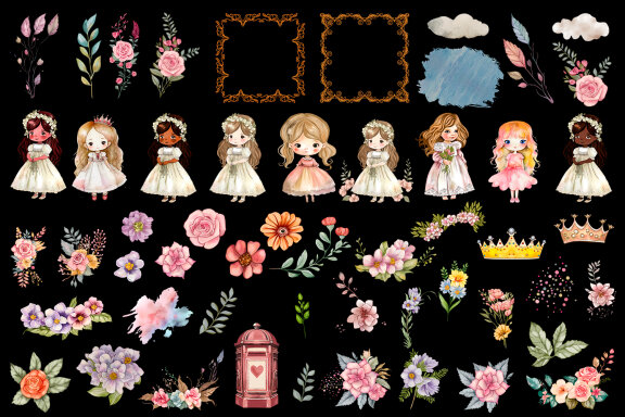 Watercolor Cute Princess Clipart Bundle