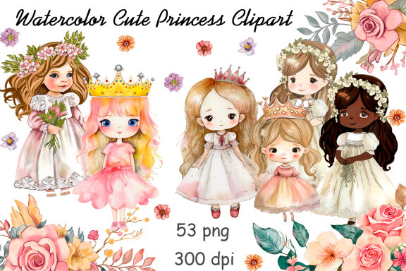 Watercolor Cute Princess Clipart Bundle