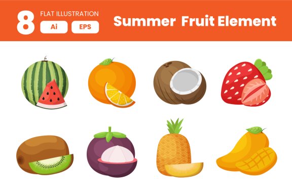 Collection of Summer Fruit Element in Flat Illustration