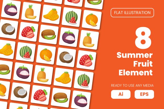 Collection of Summer Fruit Element in Flat Illustration