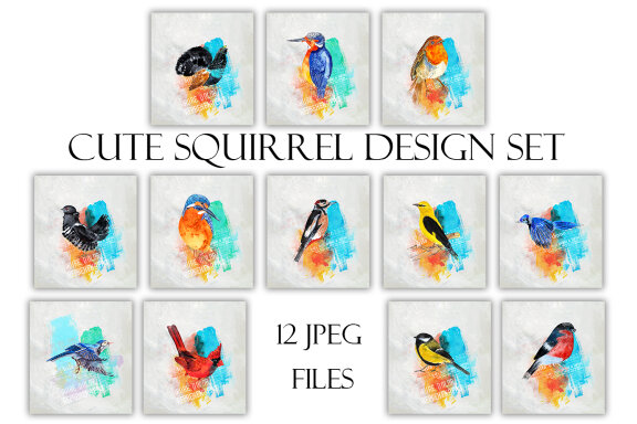 Set of cute birds - boho style watercolor