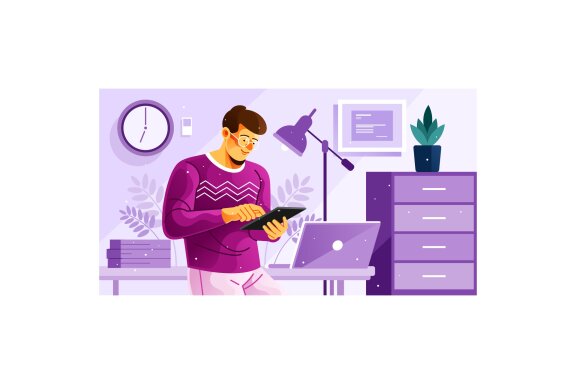 Male using Tablet and Laptop on Workspace