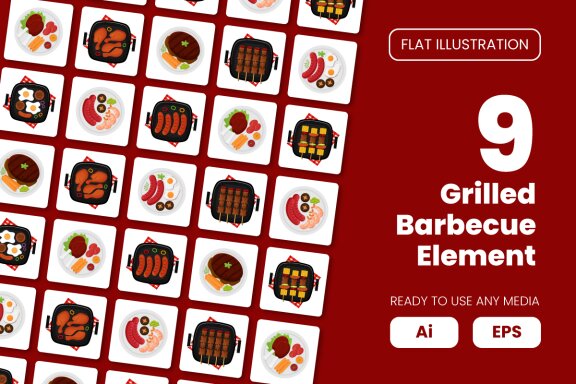 Collection of Grilled Barbecue Element in Flat Illustration