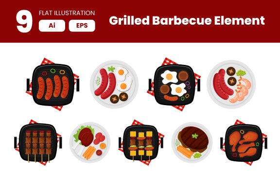 Collection of Grilled Barbecue Element in Flat Illustration
