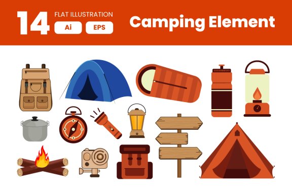 Collection of Camping Equipment Element in Flat Illustration