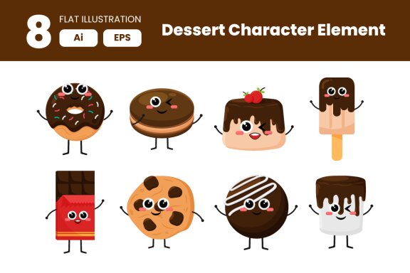 Collection of Dessert Character Element in Flat Illustration