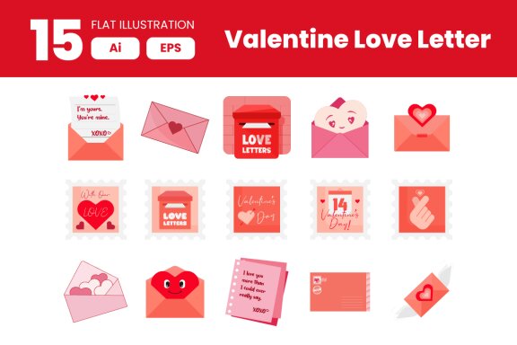 Collection of Valentine Love Letter Element in Flat Illustration