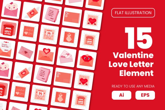 Collection of Valentine Love Letter Element in Flat Illustration
