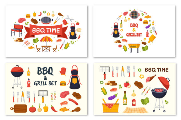 19 Barbecue and Grill Set Vector Illustration